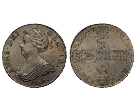 Anne (1702-14), silver Pre-Union Crown, 1703, VIGO. below first draped bust left, Latin legend and toothed border surrounding