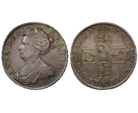 Anne (1702-14), silver Post-Union Crown, 1707, first draped bust left, Latin legend and toothed border surrounding, ANNA.DEI.