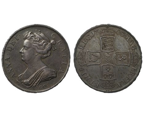 Anne (1702-14), silver Pre-Union Halfcrown, 1703, VIGO. below first draped bust left, Latin legend and toothed border surroun