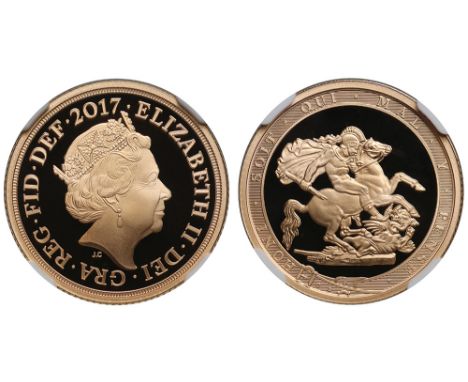 Elizabeth II (1952-), gold Proof Sovereign, 2017, 200th Anniversary issue, fifth crowned head right, initials J.C below for d