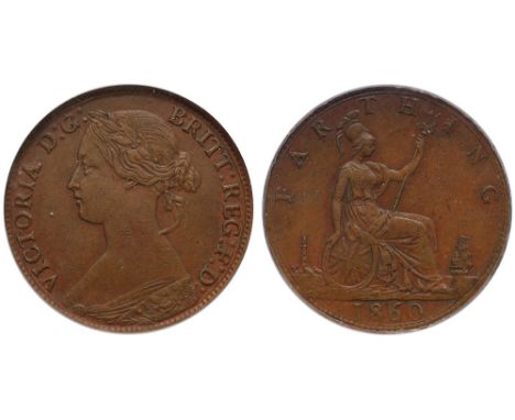 Victoria (1837-1901), bronze Farthing, 1860 TB/BB mule, with five berry obverse, "bun" type laureate and draped bust left, La