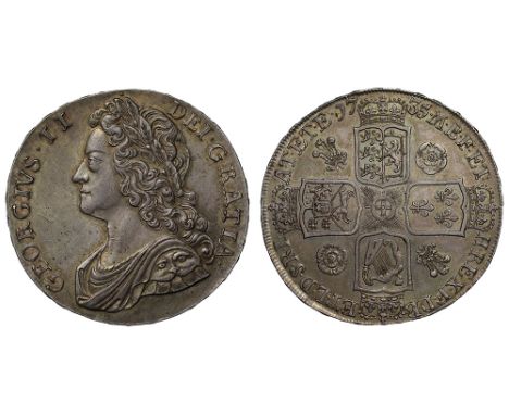 George II (1727-60), silver Crown, 1735, roses and plumes reverse, younger laureate and draped bust left, Latin legend surrou