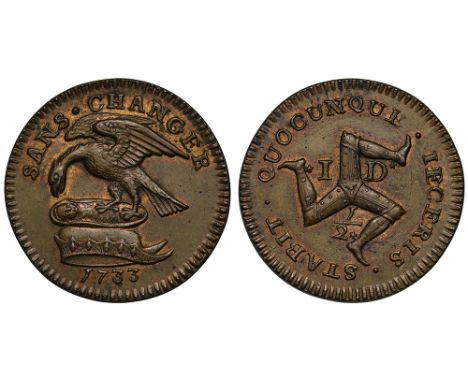 James Stanley, 10th Earl of Derby (1702-36), copper Halfpenny, 1733, Stanley family crest of eagle over child in wicker baske