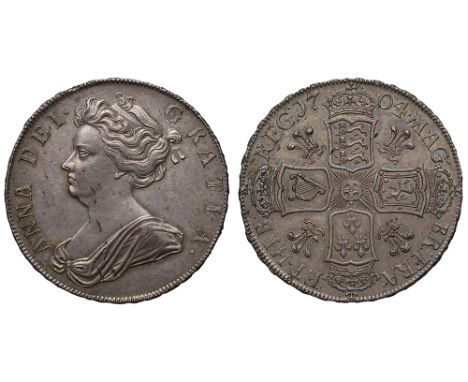 Anne (1702-14), silver Pre-Union Halfcrown, 1704, plumes reverse, first draped bust left, Latin legend and toothed border sur