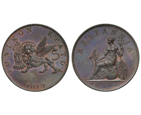George III (1760-1820), copper Proof Two Oboli, 1819, Venetian lion left, date below, Greek legend and toothed border, IONIKO