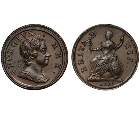 George I (1714-27), copper Farthing, 1717, “dump issue” engraved by John Croker, laureate and cuirassed bust right, Latin leg