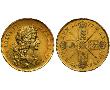 Charles II (1660-85), gold Five Guineas, 1675, elephant below first laureate bust right similar style with shorter ribbon tie