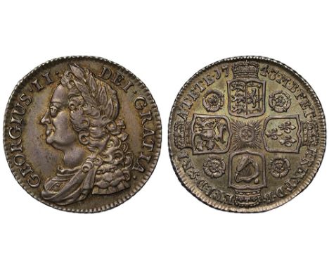 George II (1727-60), silver Shilling, 1743, roses reverse, older laureate and draped bust left, legend and toothed border sur