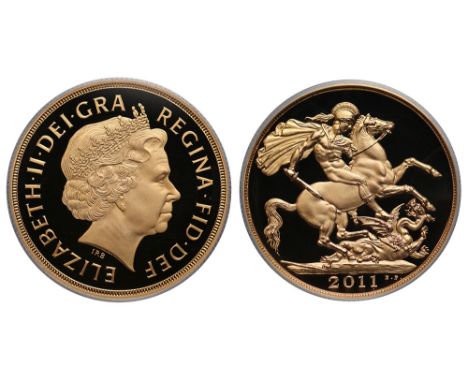 Elizabeth II (1952-), gold Proof Two-Pounds, 2011, crowned head right, IRB initials below for designer Ian Rank-Broadley, Lat
