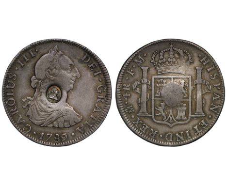 George III (1760-1820), oval countermark upon Spanish Four Reales of King Charles III (1759-88), 1789 FM, struck in Mexico Ci