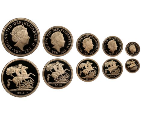 Elizabeth II (1952 -), gold Proof set, 2018, Five-Pounds, Two-Pounds, Sovereign, Half-Sovereign and Quarter-Sovereign, crowne