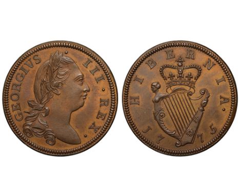George III (1760-1820), copper Proof Halfpenny, 1775, long haired laureate head right, legend and toothed border surrounding,