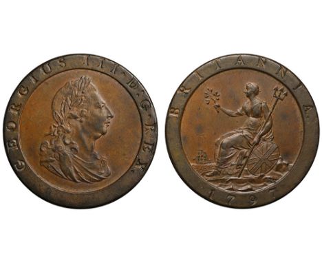 George III (1760-1820), copper Penny, 1797, laureate and draped bust right, ten leaves in wreath, K.: raised on truncation fo