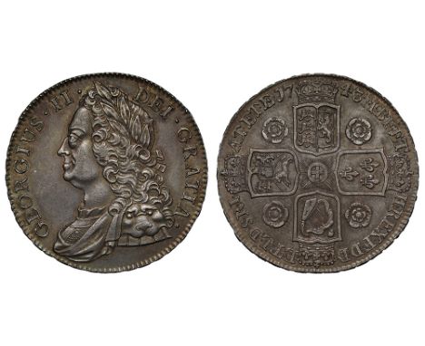 George II (1727-60), silver Crown, 1743, roses reverse, older laureate and draped bust left, Latin legend with U in King’s na