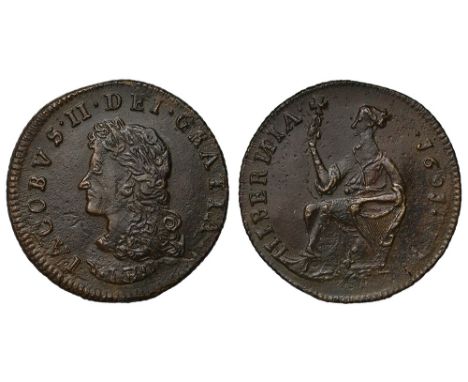 Ireland, James II (1685-91), Limerick Money, base metal Halfpenny, 1691, laureate and draped bust left, rev. Hibernia, revers