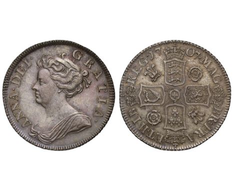 Anne (1702-14), silver Pre-Union Shilling, 1707, roses and plumes reverse, second draped bust left, Latin legend and toothed 