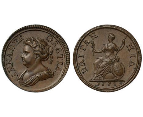 Anne (1702-14), copper Farthing, 1714, draped bust left, Latin legend around within linear and thick toothed border surroundi