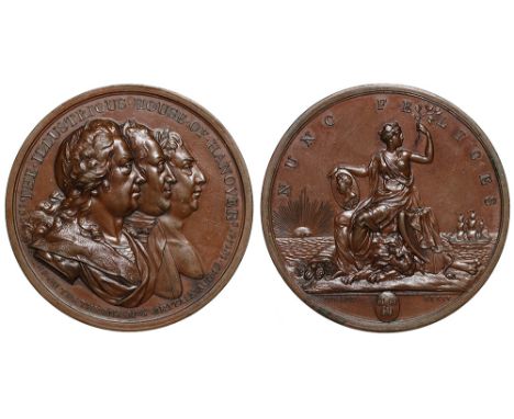 George III (1760-1820), Brunswick Accession Centenary, 1814, bronze Medal by W S Mossop, conjoined busts of George I, George 