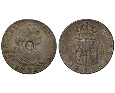 George III (1760-1820), oval countermark upon Spanish Four Reales of King Charles IIII (1788-1808), 1791 MF, struck in Madrid