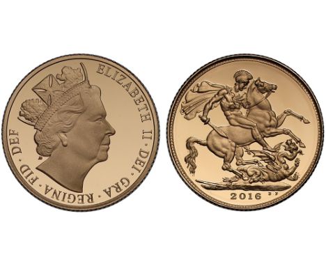 Elizabeth II (1952-), gold Proof Sovereign, 2016, sixth crowned head right off-set to left side of field, JB initials raised 