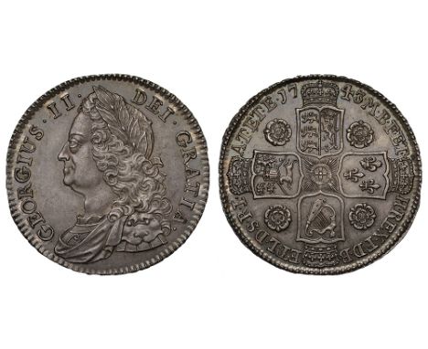 George II (1727-60), silver Halfcrown, 1743, roses reverse, older laureate and draped bust left, legend with U in King’s name