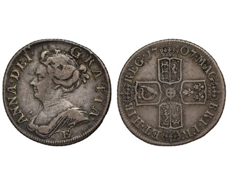 Anne (1702-14), silver Post-Union Shilling, 1707, Edinburgh Mint, E below third draped bust left, Latin legend and toothed bo