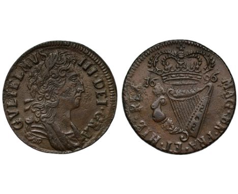 Ireland, William III (1694-1702), copper Halfpenny, 1696, type I, laureate and draped bust right, rev. crowned harp, date eit