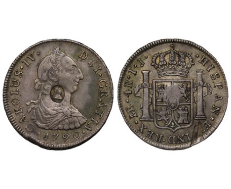 George III (1760-1820), oval countermark upon Spanish Four Reales of King Charles IIII (1788-1808), 1790 IJ, struck in Lima, 