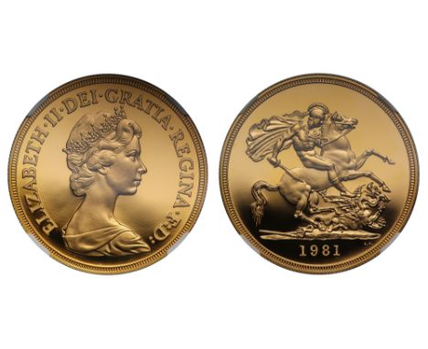 Elizabeth II (1952-), gold Proof Five-Pounds, 1981, crowned head right by designer Arnold Machin, Latin legend and toothed bo