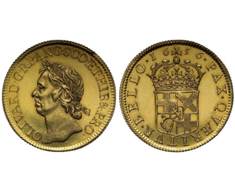Oliver Cromwell (d.1658), gold Broad of twenty shillings, 1656, laureate head left, legend and toothed border surrounding, OL