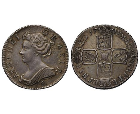 Anne (1702-14), silver Post-Union Sixpence, 1707, Edinburgh Mint, E below draped bust left, Latin legend and toothed border s