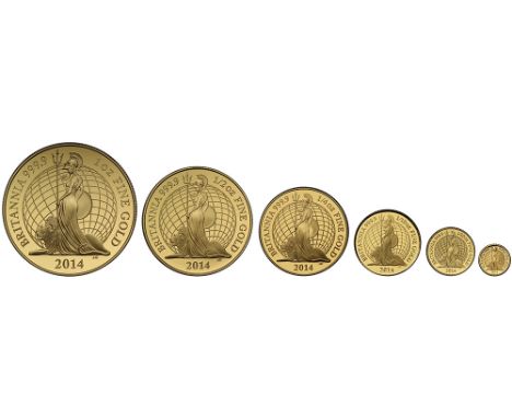 Elizabeth II (1952-), gold six coin Proof Britannia Set, 2014, 100 Pounds, 50 Pounds, 25 Pounds, 10 Pounds, One Pound and Fif