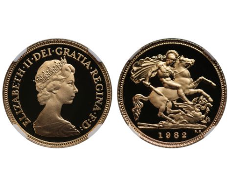 Elizabeth II (1952-), gold Proof Half-Sovereign, 1982, crowned head right by designer Arnold Machin, Latin legend and toothed
