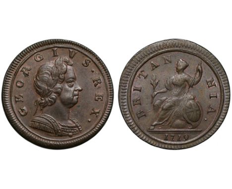 George I (1714-27), copper Halfpenny, 1719, second issue, laureate and cuirassed bust right, with two ornate shoulder straps,