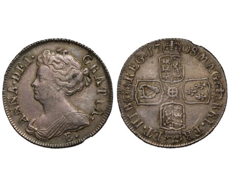 Anne (1702-14), silver Post-Union Shilling, 1708, Edinburgh Mint, struck from local dies both sides, E* below draped bust lef