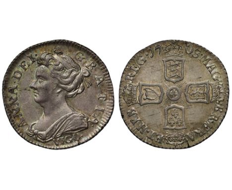 Anne (1702-14), silver Pre-Union Sixpence, 1703, VIGO. below draped bust left, Latin legend and toothed border surrounding, A