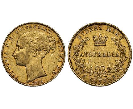 Australia, Victoria (1837-1901), gold Sovereign, 1855 Sydney mint, young filleted head left, engraved by Joshua Payne, date b