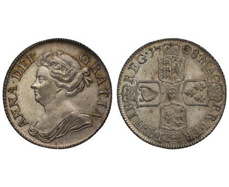 Anne (1702-14), silver Post-Union Shilling, 1708, third draped bust left, Latin legend and toothed border surrounding, ANNA. 