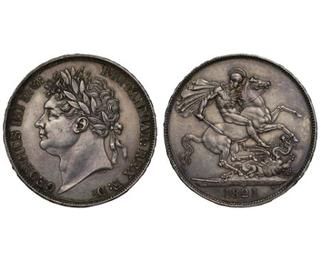 George IV (1820-30), silver Crown, 1821, laureate head left, B.P. for engraver Benedetto Pistrucci below, legend and toothed 