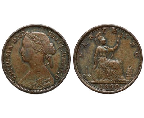 Victoria (1837-1901), bronze Farthing, 1860 TB, struck on a 2mm thick flan, with four berry obverse, "bun" type laureate and 