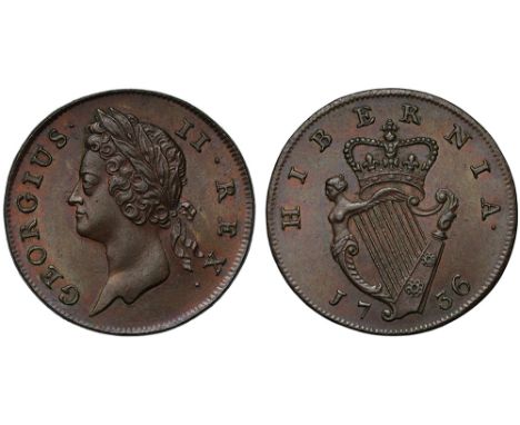 Ireland George II (1727-60), copper Halfpenny, 1736, young laureate head left, legend and toothed border surrounding, rev. cr