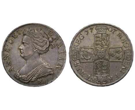 Anne (1702-14), silver Post-Union Crown, 1707, Edinburgh Mint, E below second draped bust left, Latin legend and toothed bord