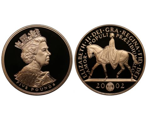 Elizabeth II (1952-), gold Proof Five-Pounds Crown, 2002, struck in commemoration of the Golden Jubilee, crowned bust in ermi