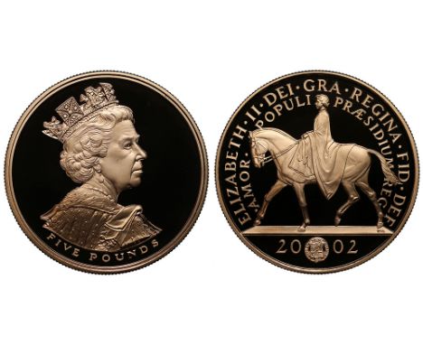 Elizabeth II (1952-), gold Proof Five-Pounds Crown, 2002, struck in commemoration of the Golden Jubilee, crowned bust in ermi