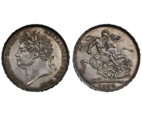 George IV (1820-30), silver Crown, 1822, laureate head left, B.P. for engraver Benedetto Pistrucci below, legend and toothed 