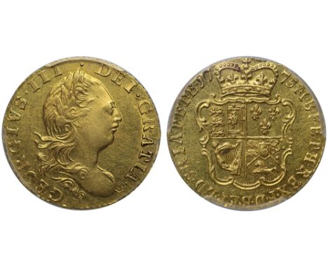 George III (1760-1820), gold Half-Guinea, 1775, third long haired laureate head right, Latin legend and toothed border surrou