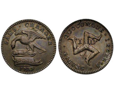 Isle of Man, James Stanley, 10th Earl of Derby (1702-36), silver Proof Halfpenny, 1733, Stanley family crest of eagle over ch