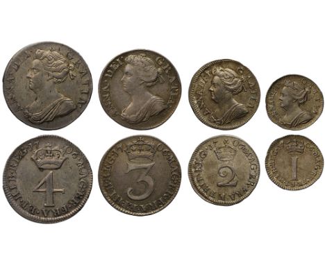 Anne (1702-14), silver Maundy Set, 1706, Fourpence, Threepence, Twopence with DFI for DEI., Penny, draped bust left, Latin le