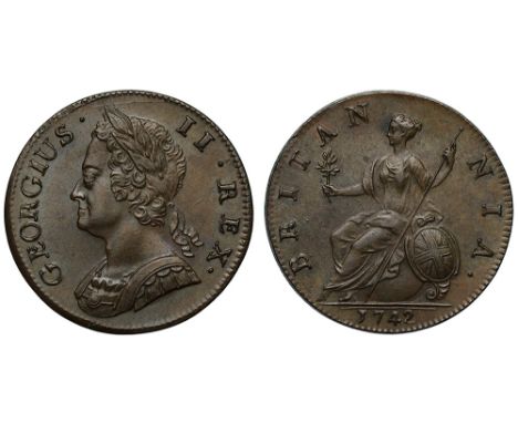 George II (1727-60), copper Halfpenny, 1742, older laureate and cuirassed bust left, Latin legend and toothed border surround