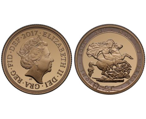 Elizabeth II (1952-), gold Proof Sovereign, 2017, 200th Anniversary issue, fifth crowned head right, initials J.C below for d